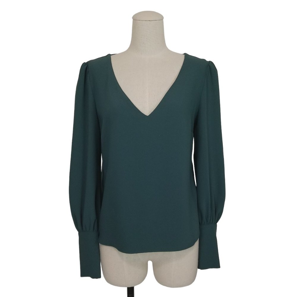 Amanda Uprichard V-Neck Pearl Sleeve Blouse Forest Green Sz Small